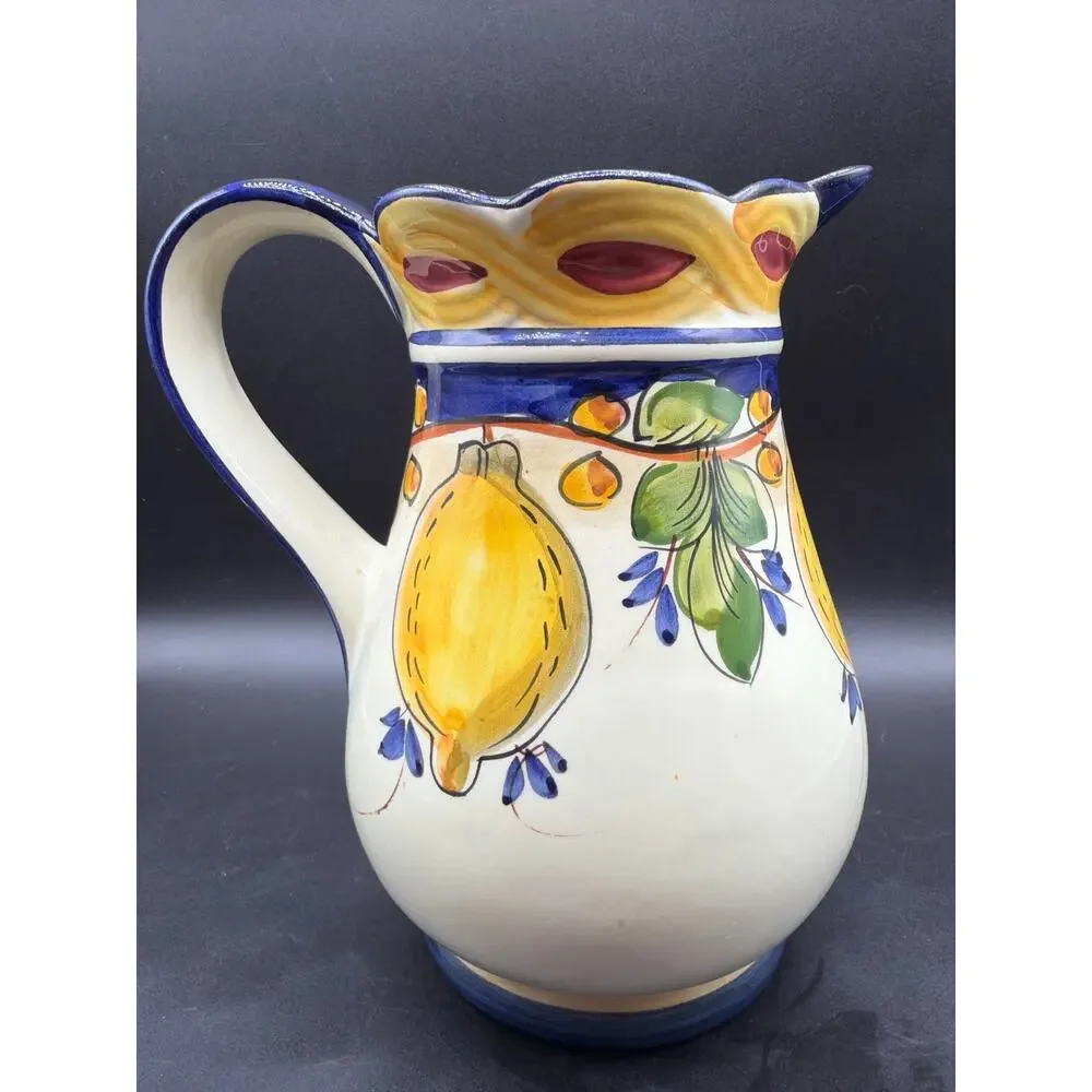 Jay Willfred Hand Painted Portugal Lemon Fruit Ceramic Pitcher Blue White Signed
